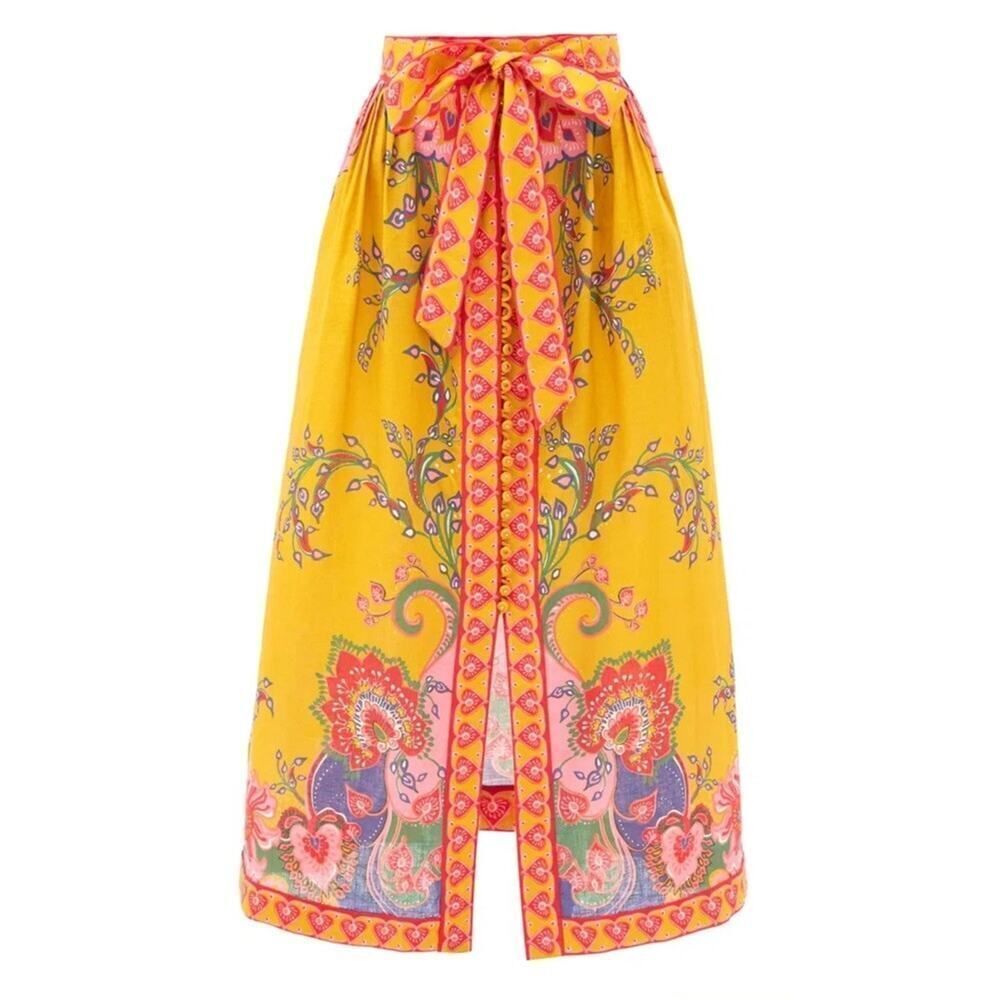 Zimmermann Lovestruck Linen Paisley Midi Skirt Yellow Size 1 / US 4 – Belted